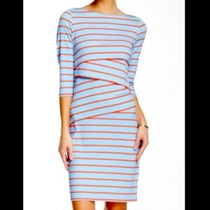 J. McLaughlin Nico Striped dress blue orange 3/4 sleeve  tiered size medium